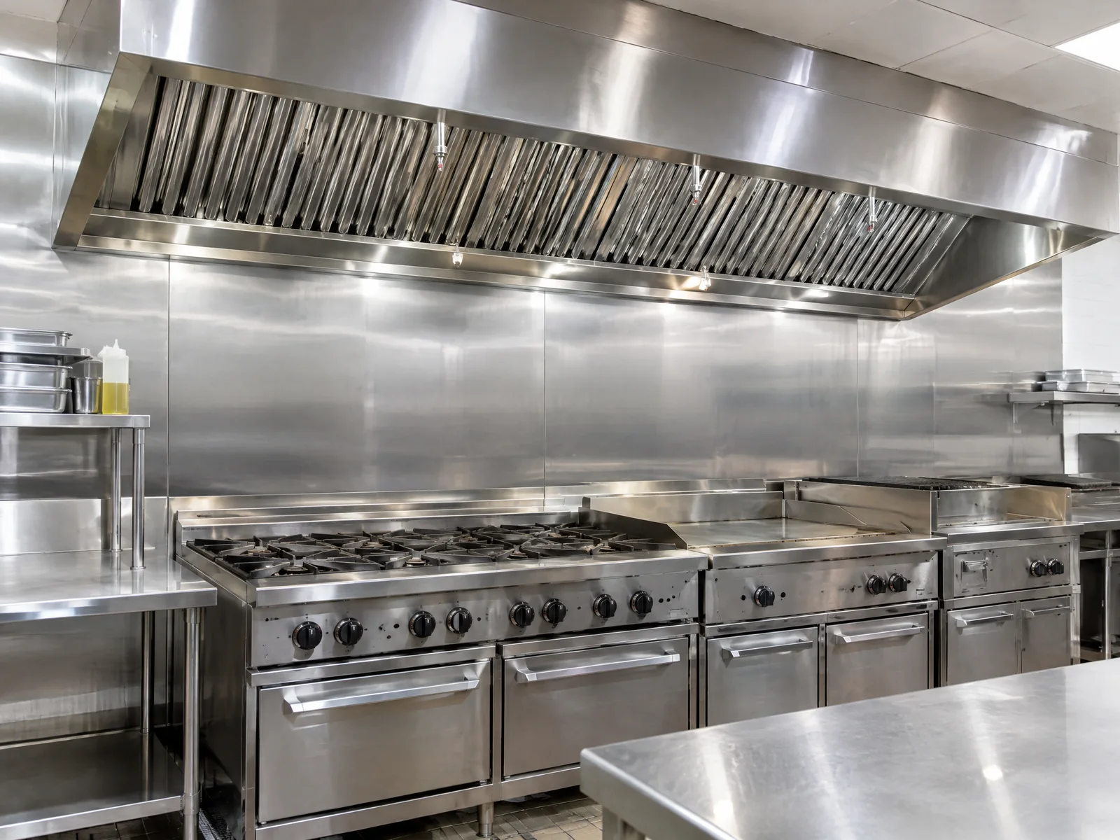 Representative illustration of a clean commercial kitchen hood and cooking line